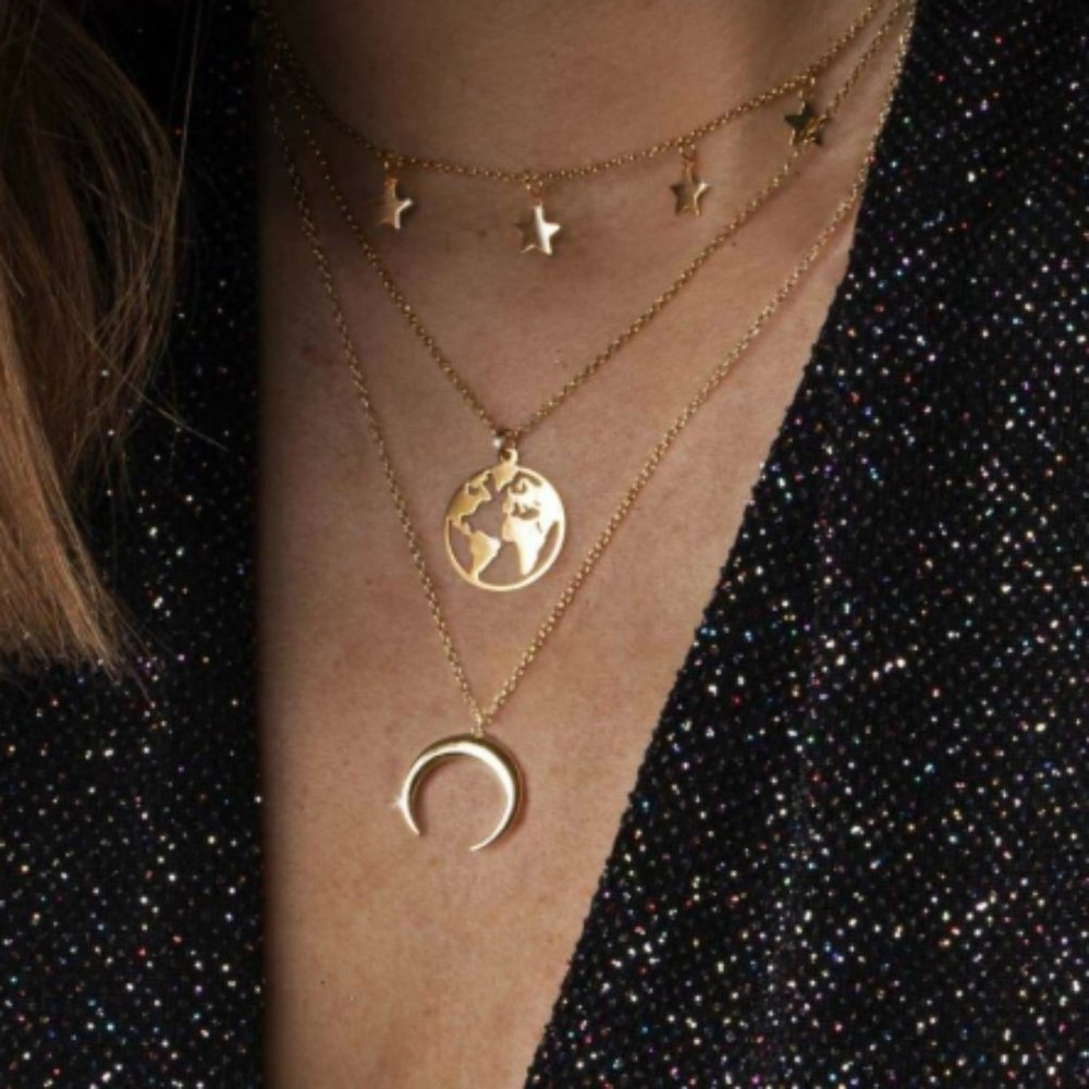 Gold Tone World Map Crescent Moon Stars Necklace